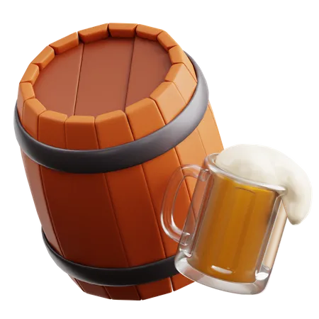 Barril de madeira com copo de cerveja  3D Icon