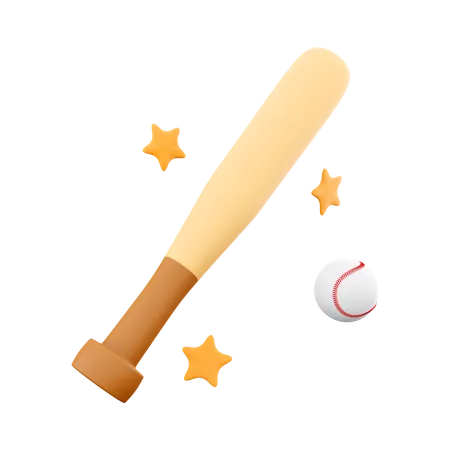 3 D Rendering Baseball Ball And Bat With Stars Around Icon 3 D Render Hitting The Ball With A Bat Icon 3D Icon