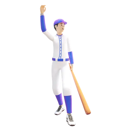 Baseball player holding baseball bat and waving hand 3D Illustration