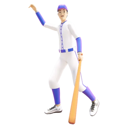 Baseball player holding baseball bat while say hi 3D Illustration