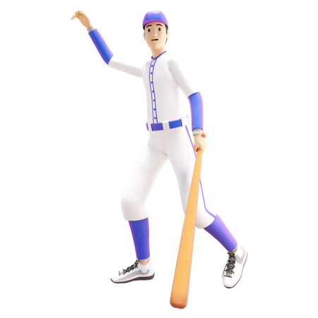 Baseballspieler hält Baseballschläger und sagt „Hallo“  3D Illustration