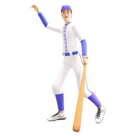 Baseballspieler hält Baseballschläger und sagt „Hallo“  3D Illustration