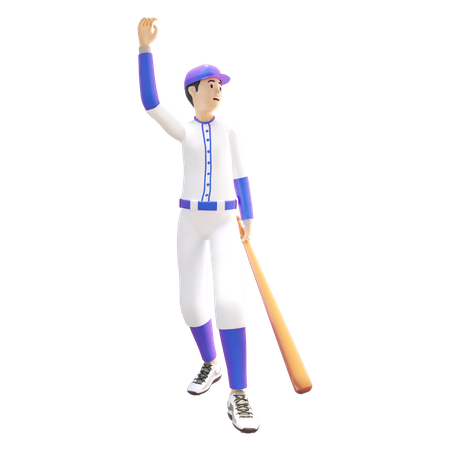 Baseball-Spieler hält Baseballschläger und winkende Hand  3D Illustration