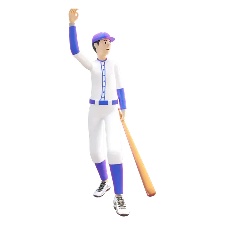 Baseball-Spieler hält Baseballschläger und winkende Hand  3D Illustration