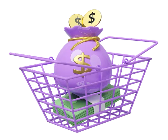 Basket Money With Bag Coin Dollar Isolated Economic Movements Or Business Finance Concept 3 D Illustration Render 3D Icon