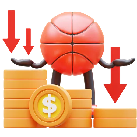 Basketball Character Showing Money Graph Falling Down  3D Illustration