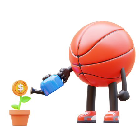 Basketball Character Watering Money Plant For Investment  3D Illustration