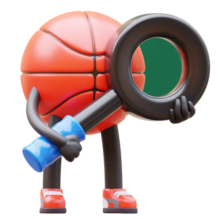 Basketball Character With Magnifying Glass  3D Illustration
