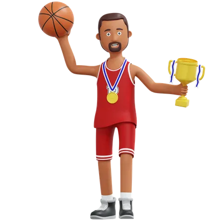 Basketball Player Champion Holding Gold Trophy  3D Illustration