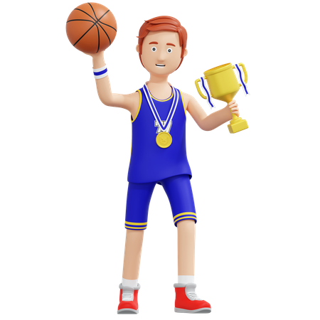 Basketball Player Champion Holding Gold Trophy  3D Illustration