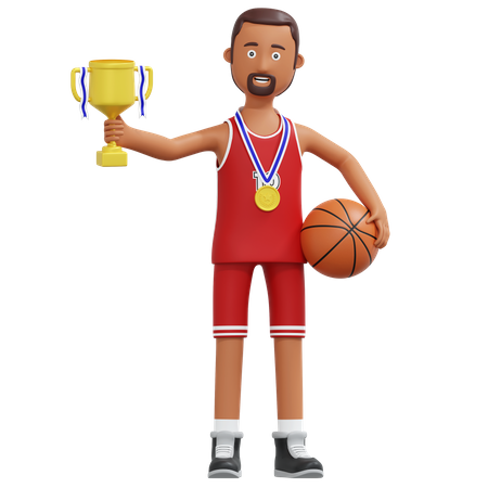Basketball Player Champion Holding Gold Trophy  3D Illustration