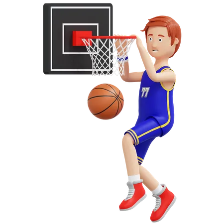 Basketball Player Jump And Holding Basketball Ring  3D Illustration