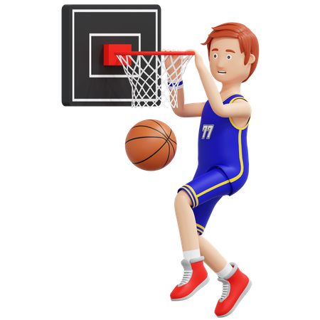 Basketball Player Jump And Holding Basketball Ring  3D Illustration