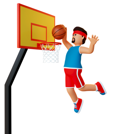Basketball player throws the ball into the hoop 3D Illustration