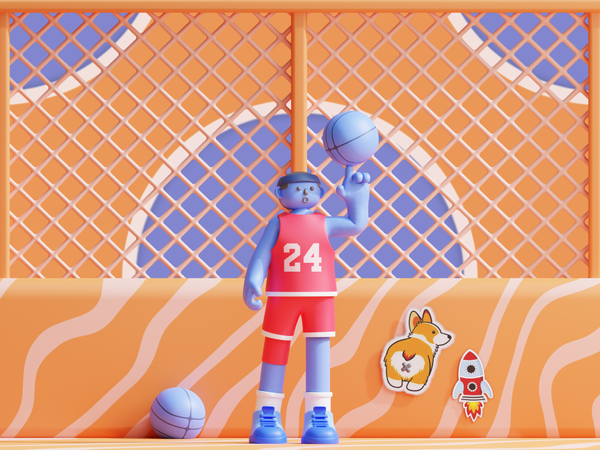 Basketballspieler dreht Ball auf dem Finger  3D Illustration