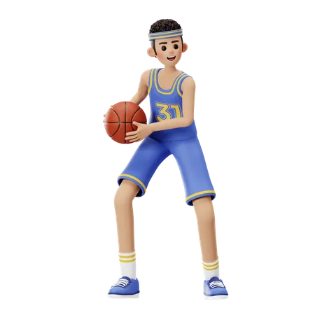 Basketballspieler schützt den Ball  3D Illustration