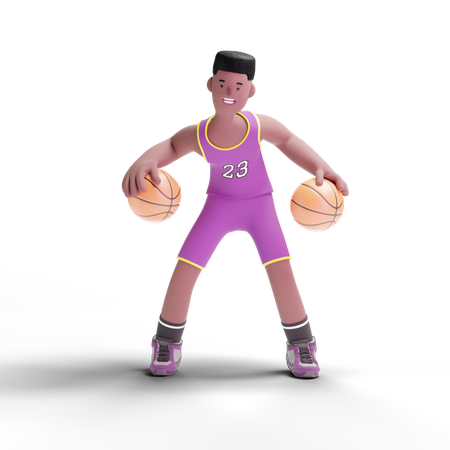 Basketball-Spieler spielen mit zwei Basketball  3D Illustration