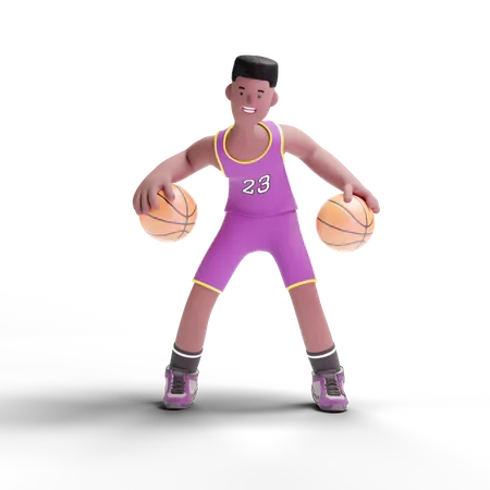 Basketball-Spieler spielen mit zwei Basketball  3D Illustration