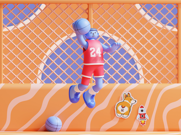 Basketballspieler springt zum Tor  3D Illustration