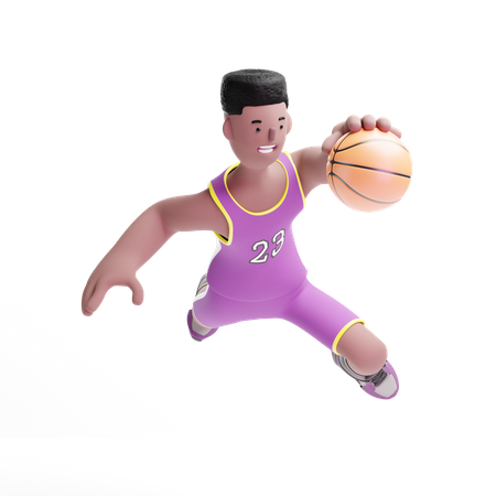 Basketballspieler springt mit Ball in der Hand  3D Illustration
