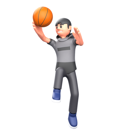 Basketballspieler springt und spielt Basketball  3D Illustration