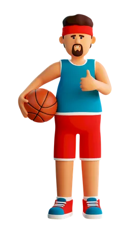 Basketballspieler steht mit Ball und zeigt Daumen hoch  3D Illustration