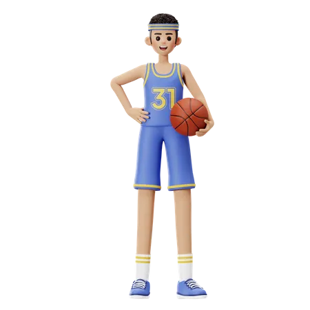 Basketballspieler, der einen Basketball hält  3D Illustration