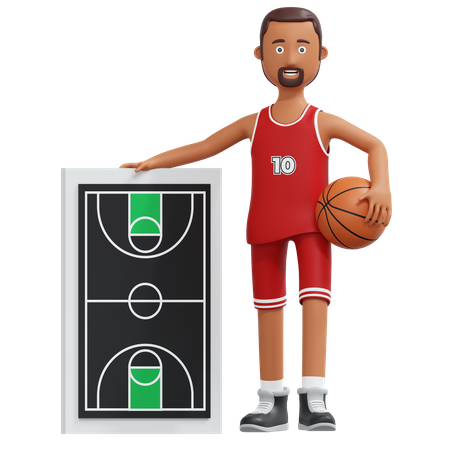 Jogador profissional de basquete segurando uma bola e um quadro de estratégia  3D Illustration