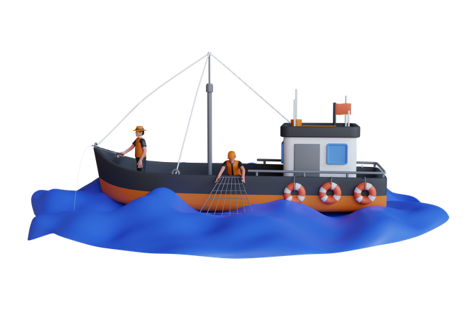 Bateau de pêche sur l'eau  3D Illustration
