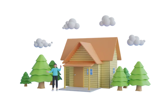 3 D Menschen In Der Nahe Des Holzhauses Das Haus Ist Von Vielen Baumen Umgeben Und Hat Einen Naturlichen Blauen Himmel 3 D Rendering 3D Illustration