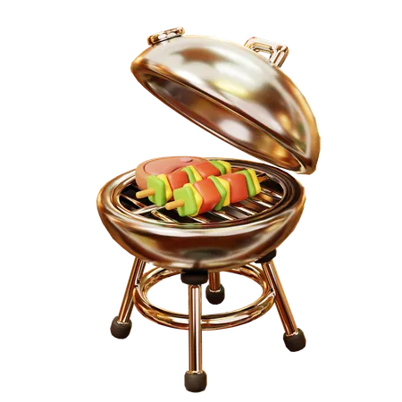 Cute Cartoon 3 D Picnic With BBQ Kebab And Meat In Outdoor Camping 3D Icon