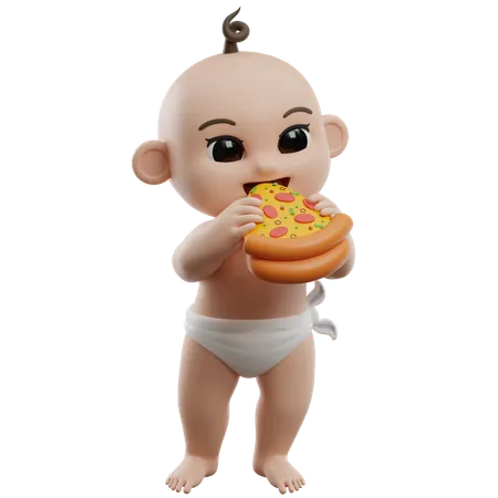 Bby Eating Pizza  3D Illustration