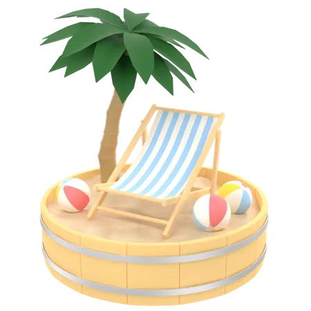 3 D Illustration Of A Beach Chair Umbrella And Coconut Tree On A Sand Podium 3D Illustration