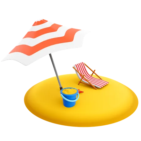 3 D Rendering Beach Recreation Area Icon 3 D Render Beach With Parasol Sand Bucket Starfish And Beach Chair Icon 3D Icon
