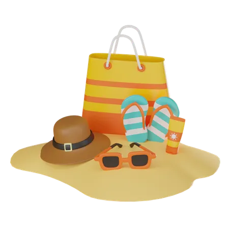 Beach Accessories Including A Beach Bag Sunscreen And Flip Flops Ideal For Capturing The Allure Of Sunny Destinations 3 D Render Illustration 3D Icon