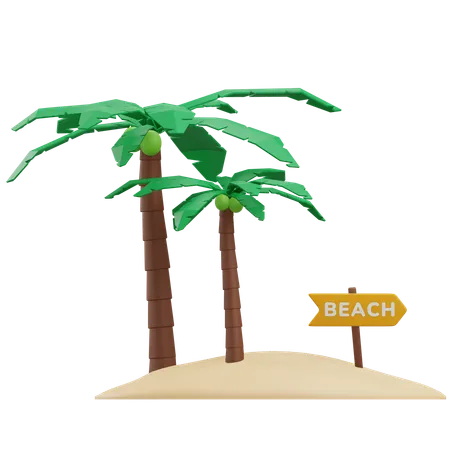 Beach Sign Board With Coconut Trees 3 D Render Illustration With Transparent Background 3D Icon