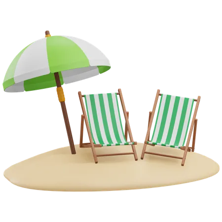 Beach Chairs And Umbrella 3 D Render Illustration With Transparent Background 3D Icon