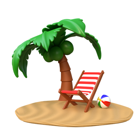 Beach deck and coconut trees on Island 3D Illustration