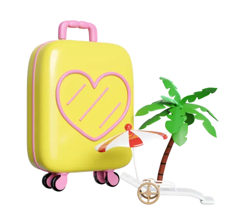 Summer Travel With Suitcase Umbrella Parasol Beach Chair Lounger Tree Isolated 3 D Illustration Render 3D Icon