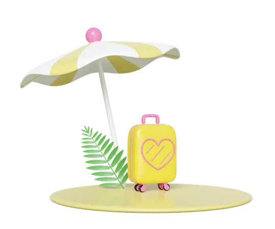 Summer Travel With Suitcase Umbrella Leaf Podium Isolated 3 D Illustration Render 3D Icon