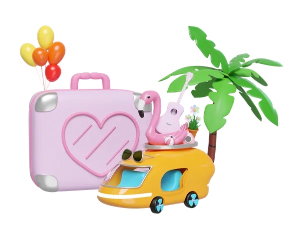 3 D Bus Or Van With Tree Guitar Luggage Balloons Camera Sunglasses Flower Flamingo Isolated Summer Travel Concept 3 D Render Illustration 3D Illustration