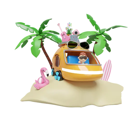 3 D Bus Or Van With Boy Island Surf Board Tree Guitar Luggage Camera Sunglasses Flower Flamingo Isolated Summer Travel Concept 3 D Render Illustration 3D Illustration