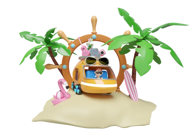 3 D Bus Or Van With Stern Wheel Boy Island Surf Board Tree Guitar Luggage Camera Sunglasses Flower Flamingo Isolated Summer Travel Concept 3 D Render Illustration 3D Illustration