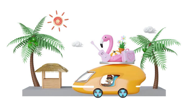 3 D Tourist Buses Run Along The Beach Road With Boy Tree Guitar Luggage Sunglasses Flower Flamingo Isolated Summer Travel Concept 3 D Render Illustration 3D Illustration