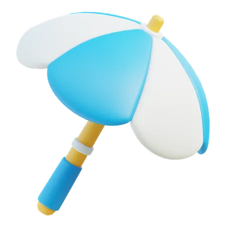 3 D Blue And White Beach Umbrella With Wooden Handle 3D Icon