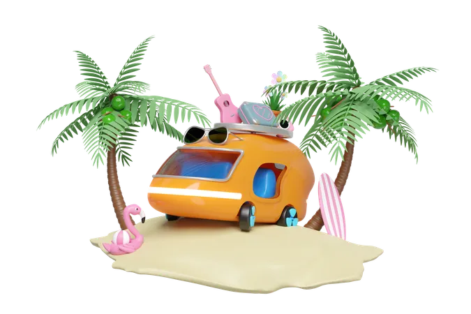 3 D Bus Or Van With Island Surf Board Tree Guitar Luggage Camera Sunglasses Flower Flamingo Isolated Summer Travel Concept 3 D Render Illustration 3D Illustration