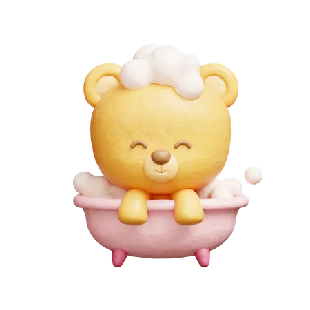 3 D Cute Bear Bathing Shower In Bathtub Cartoon Animal Character 3 D Rendering 3D Illustration