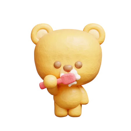 3 D Cute Bear Brushing Teeth Cartoon Animal Character 3 D Rendering 3D Illustration