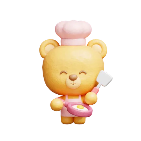 3 D Cute Bear Cooking Cartoon Animal Character 3 D Rendering 3D Illustration