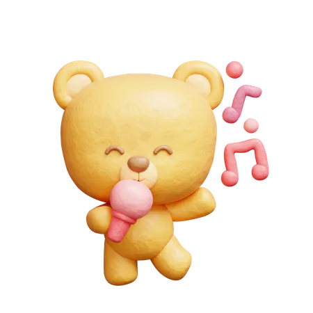 3 D Cute Bear Dancing And Singing With Microphone Cartoon Animal Character 3 D Rendering 3D Illustration